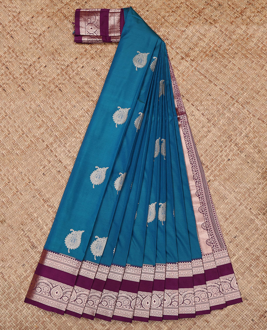 Blue Budget Silk Saree, Featuring Zari Buttas All Over Its Body, Complemented by a Contrast Traditional Zari Design Border, Intricately Designed Pallu, and Paired with a Contrast Blouse