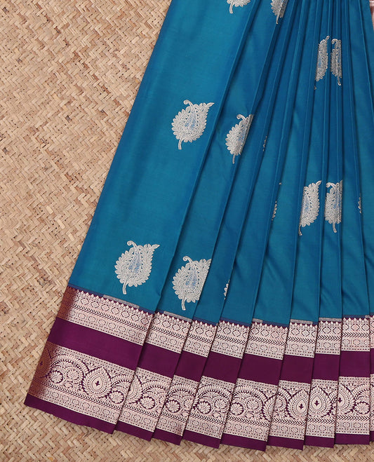Blue Budget Silk Saree, Featuring Zari Buttas All Over Its Body, Complemented by a Contrast Traditional Zari Design Border, Intricately Designed Pallu, and Paired with a Contrast Blouse