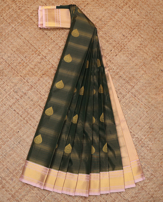 Green Budget Silk Saree, Detailed with Zari Buttas and Stripes, a Contrast Traditional Zari Border, Grand Pallu, and a Contrast Blouse