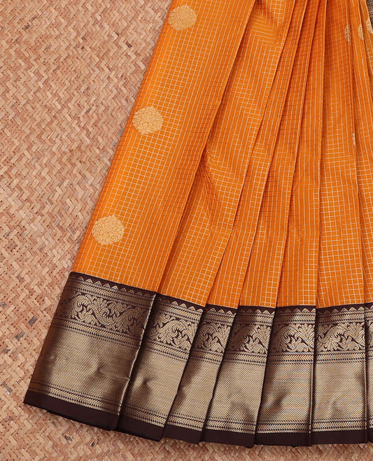 Orange Budget Silk Saree, Detailed with Zari Buttas and Checks, Complemented by a Contrast Traditional Zari Border, Jaal Pallu, and Contrast Blouse
