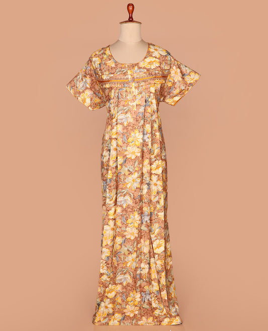Yellow floral printed with round neck lace embroidered half-sleeve cotton nighty