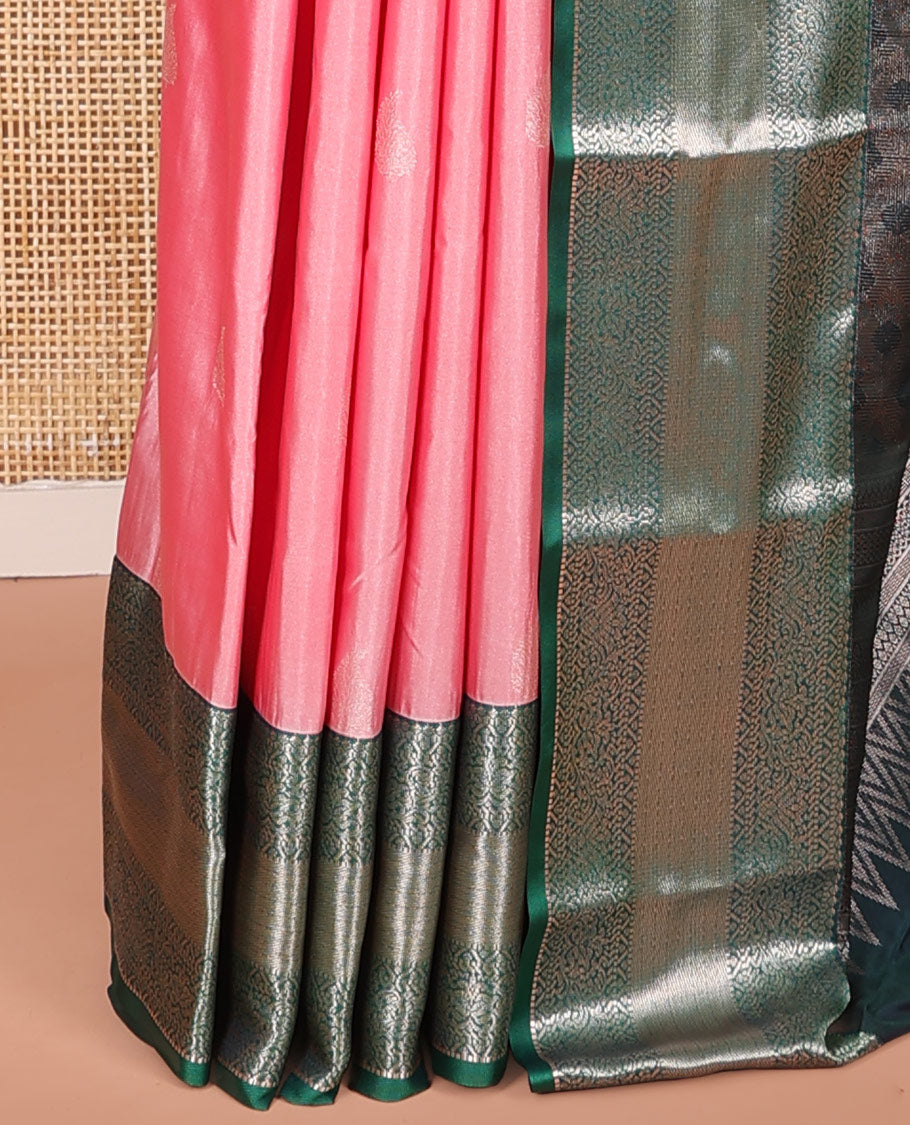 Pink Budget Silk Saree, Delicately Woven with Zari Buttas on Its Body, Complemented by a Contrast Traditional Zari Design Border, Intricately Designed Pallu, and Paired with a Contrast Blouse