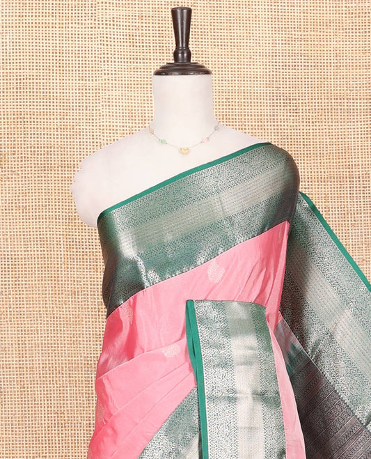 Pink Budget Silk Saree, Delicately Woven with Zari Buttas on Its Body, Complemented by a Contrast Traditional Zari Design Border, Intricately Designed Pallu, and Paired with a Contrast Blouse
