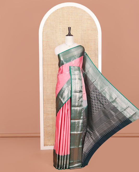 Pink Budget Silk Saree, Delicately Woven with Zari Buttas on Its Body, Complemented by a Contrast Traditional Zari Design Border, Intricately Designed Pallu, and Paired with a Contrast Blouse