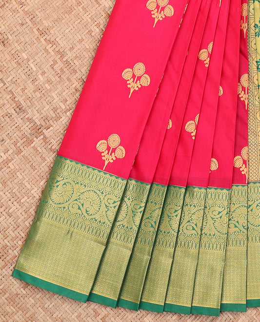 Red Budget Silk Saree, Adorned with Floral Buttas All Over Its Body, Complemented by a Contrast Traditional Zari Design Border, Pallu Steeped with Floral Designs, and Paired with a Contrast Blouse