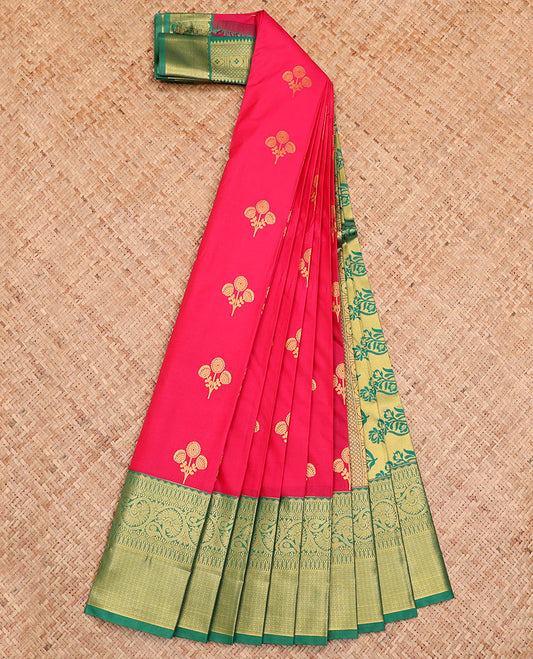 Red Budget Silk Saree, Adorned with Floral Buttas All Over Its Body, Complemented by a Contrast Traditional Zari Design Border, Pallu Steeped with Floral Designs, and Paired with a Contrast Blouse