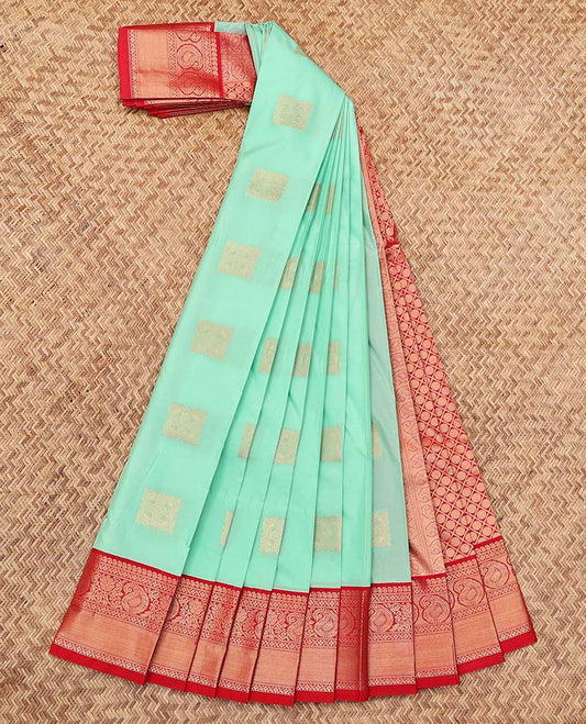 Turquoise Budget Silk Saree, Subtly Sparkled with Zari Buttas, a Contrast Traditional Zari Design Border, Grand Pallu, and a Contrast Blouse