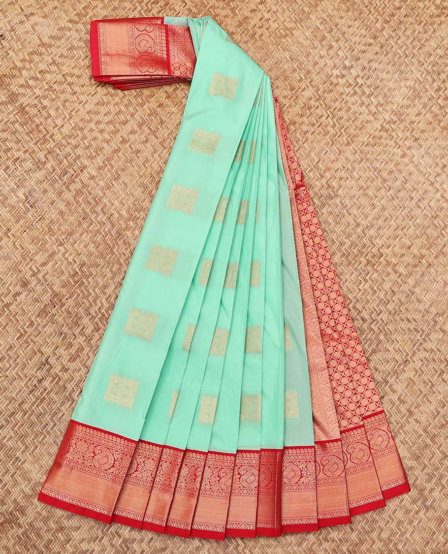 Turquoise Budget Silk Saree, Subtly Sparkled with Zari Buttas, a Contrast Traditional Zari Design Border, Grand Pallu, and a Contrast Blouse