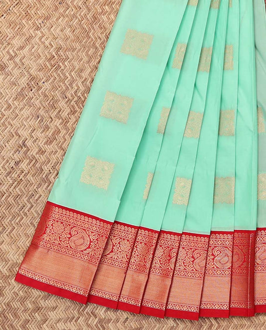 Turquoise Budget Silk Saree, Subtly Sparkled with Zari Buttas, a Contrast Traditional Zari Design Border, Grand Pallu, and a Contrast Blouse