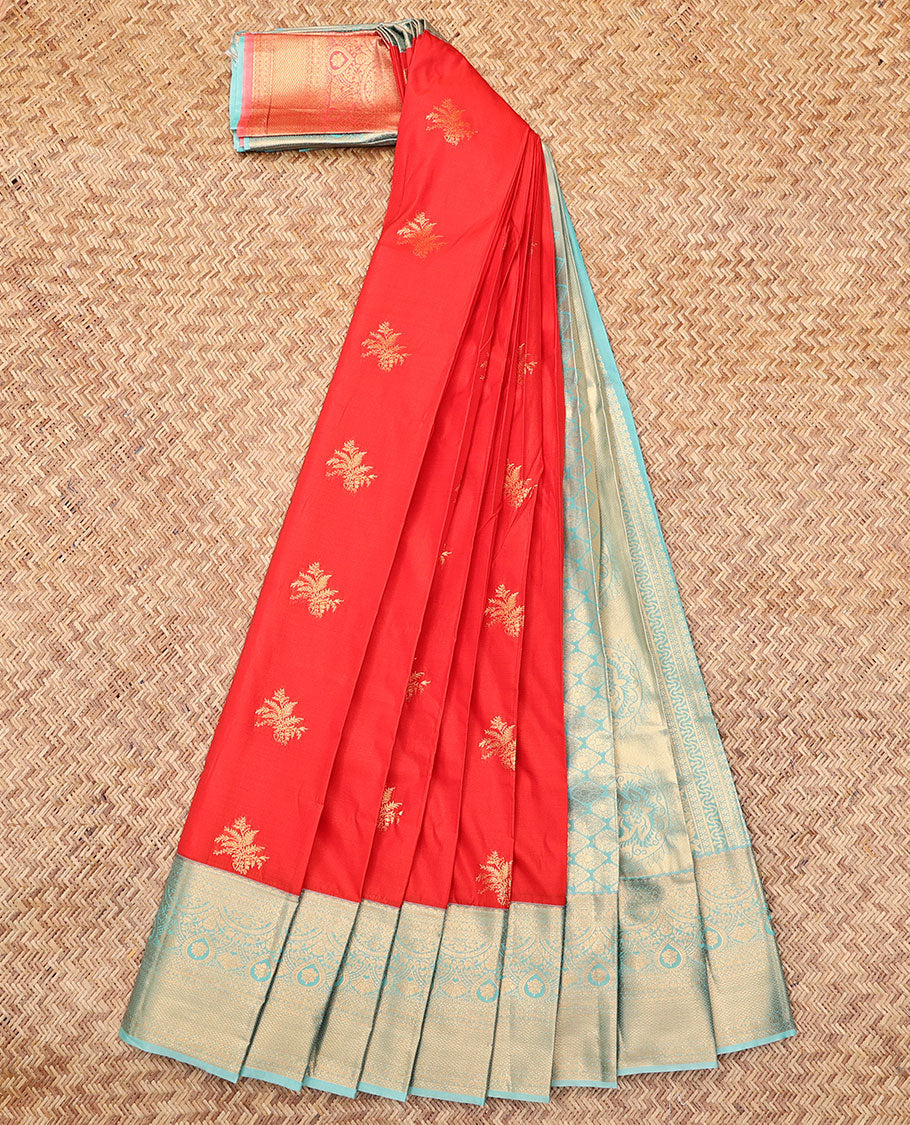Red Budget Silk Saree, Delicately Woven Zari Buttas, Complemented by Contrast Traditional Zari Border, a Grand Pallu and a Contrast Blouse