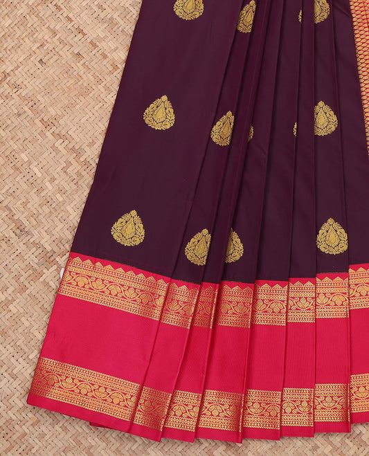Purple Budget Silk Saree, Embellished with Zari Buttas All Over Its Body, Complemented by a Contrast Traditional Design Rettai Pettu Border, Grand Jaal Pallu, and Paired with a Contrast Blouse