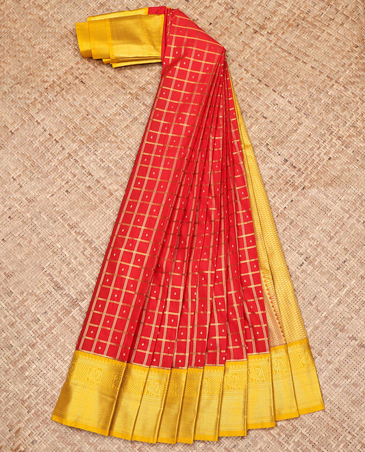 Red Budget Silk Saree, Spotlighted with Zari Butta Enclosed Checked Design on Its Body, Complemented by a Contrast Traditional Zari Design Border, Grand Jaal Pallu, and Paired with a Contrast Blouse