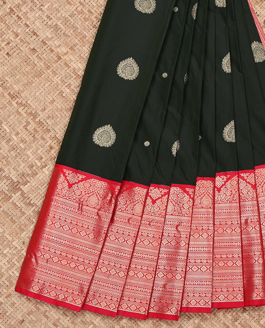Black Budget Silk Saree, Ornamented with Zari Buttas on Its Body, Complemented by a Contrast Traditional Zari Design Border, Intricately Designed Pallu, and Paired with a Contrast Blouse