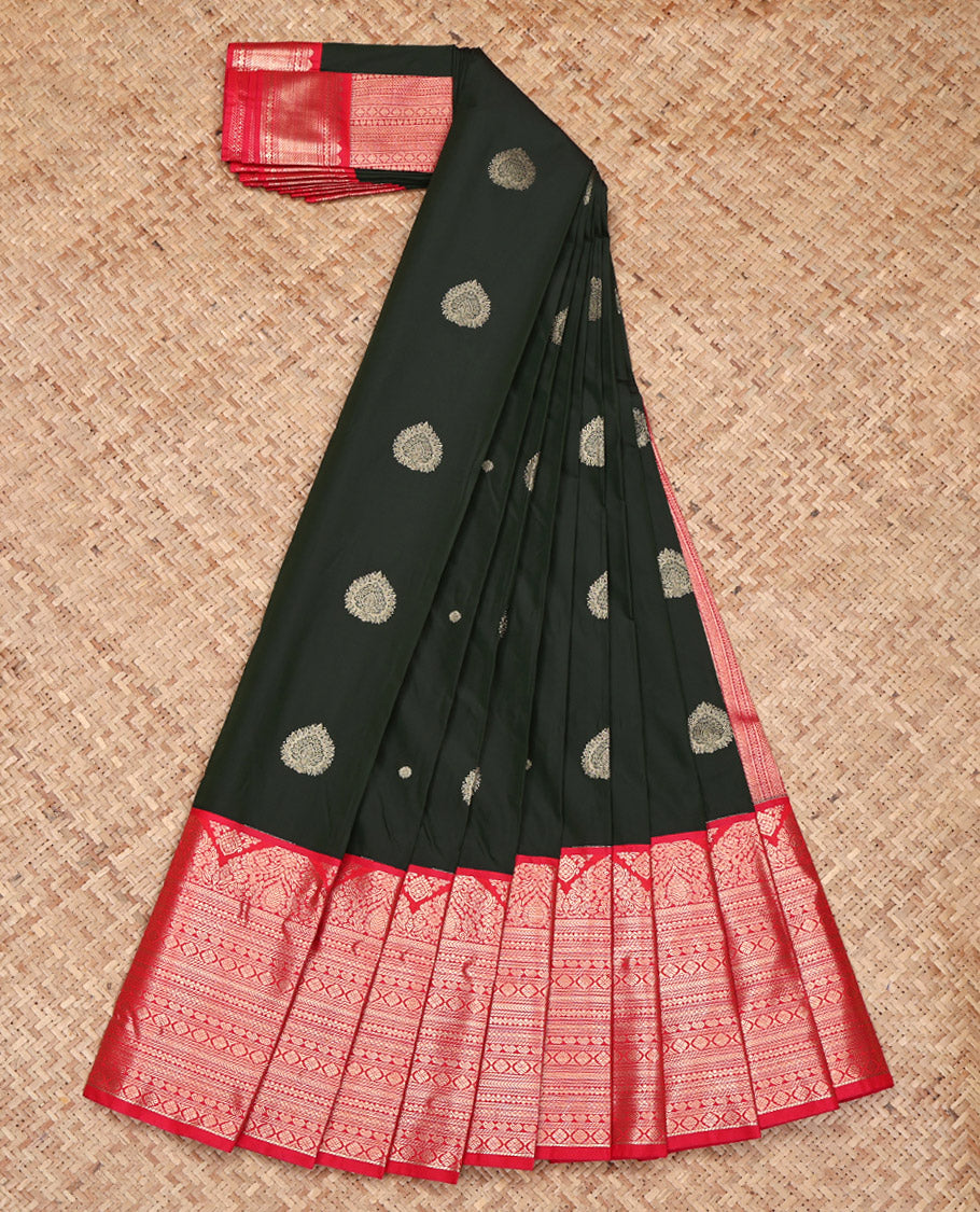 Black Budget Silk Saree, Ornamented with Zari Buttas on Its Body, Complemented by a Contrast Traditional Zari Design Border, Intricately Designed Pallu, and Paired with a Contrast Blouse