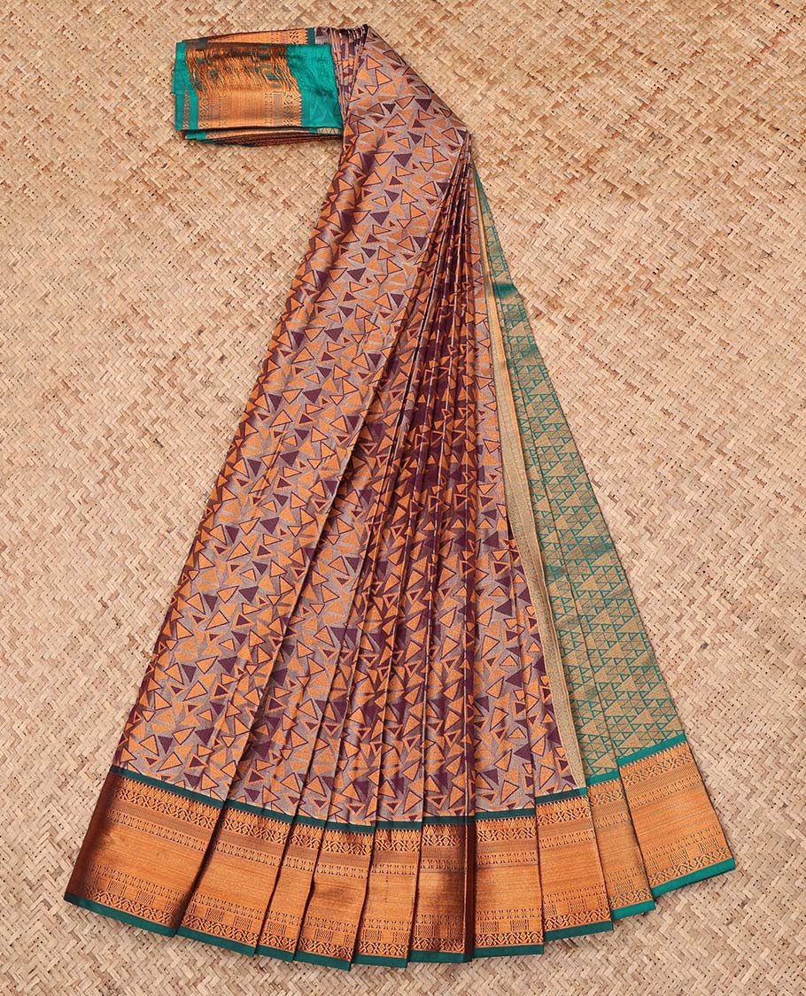 Brown Budget Silk Saree, Spotlighted with Triangle Design, Complemented by a Contrast Traditional Zari Border, Intricately Designed Pallu, and a Contrast Blouse