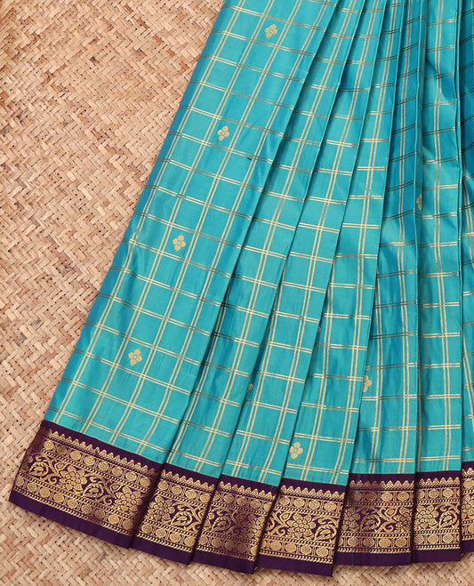 Blue Budget Silk Saree, Adorned with Buttas and Checks, Complemented by a Contrast Traditional Zari Border, Jaal Pallu, and Contrast Blouse