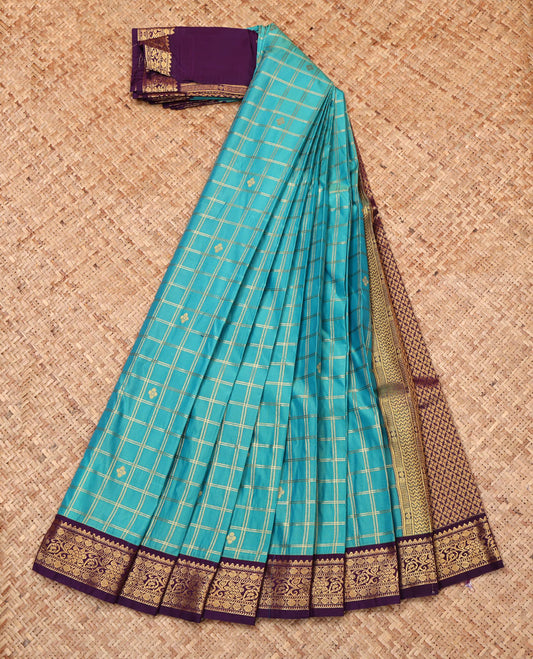 Blue Budget Silk Saree, Adorned with Buttas and Checks, Complemented by a Contrast Traditional Zari Border, Jaal Pallu, and Contrast Blouse