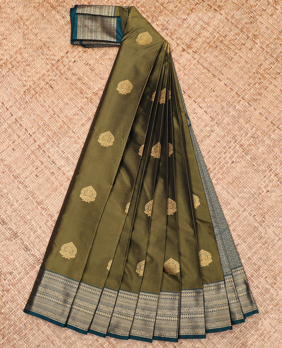 Green Budget Silk Saree, Embellished with Zari Buttas, Complemented by a Contrast Traditional Zari Border, Jaal Pallu, and a Contrast Blouse
