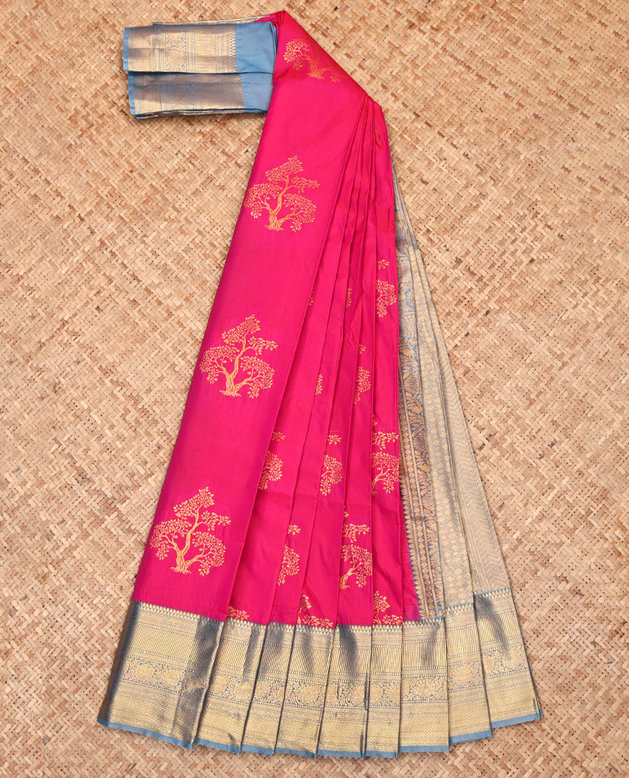 Pink Budget Silk Saree, Detailed with Tree Zari Buttas, Complemented by a Contrast Traditional Border, Grand Pallu, and a Contrast Blouse