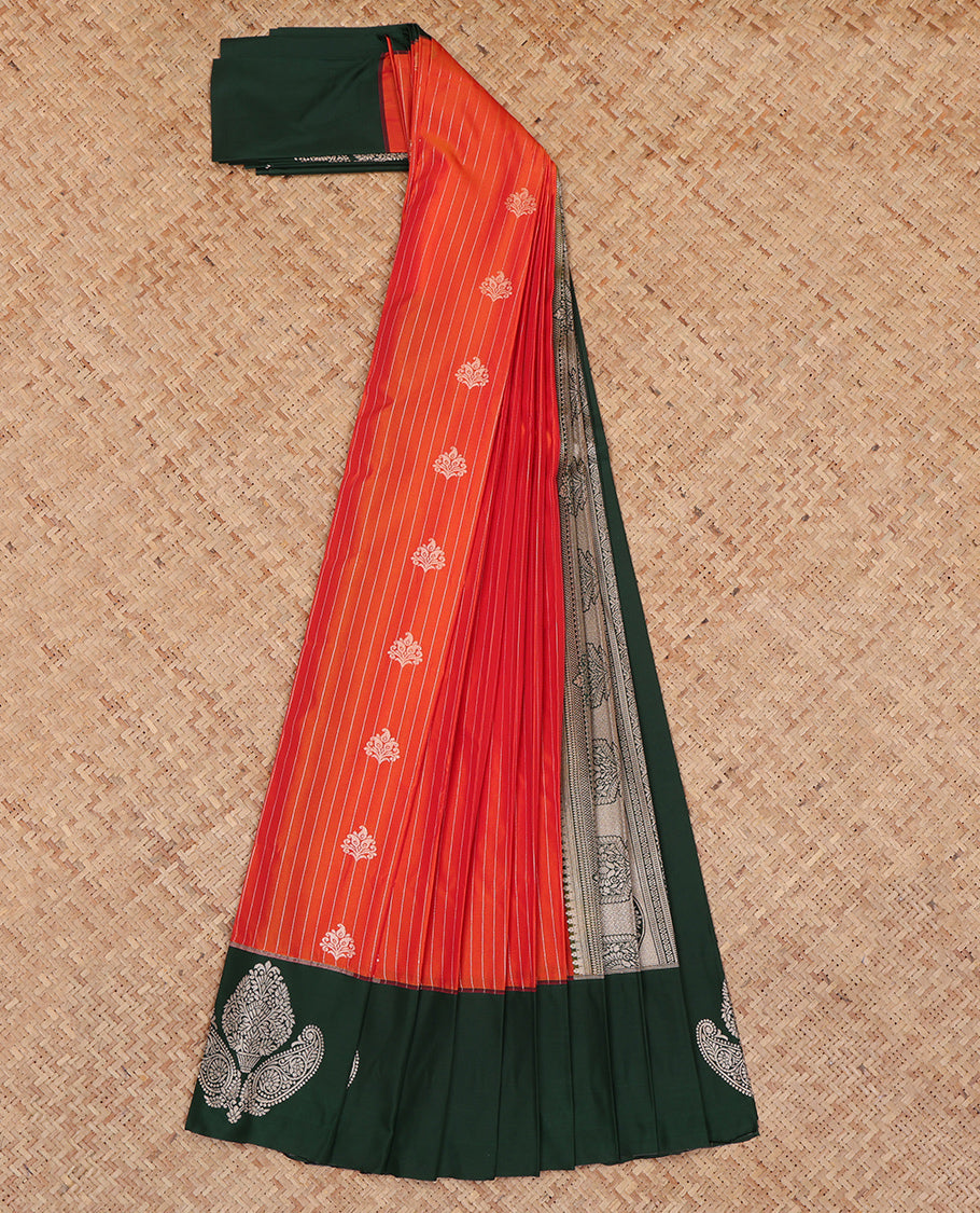 Orange Budget Silk Saree, Uniquely Detailed with Zari Buttas and Stripes, Complemented by a Contrast Zari Motif Border, Intricate Pallu, and a Contrast Blouse