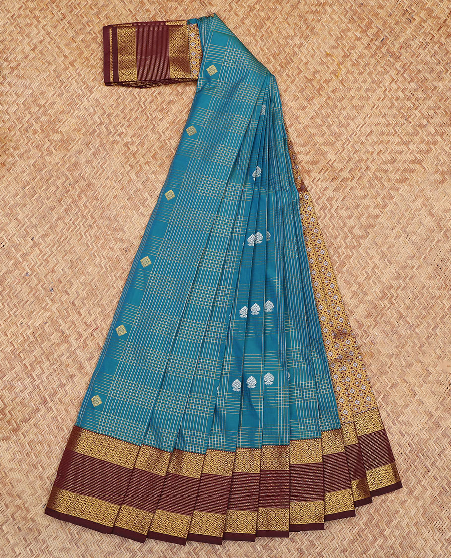 Blue Budget Silk Saree, Meticulously Crafted with Zari Buttas and Checks, a Contrast Traditional Zari Border, Grand Pallu, and a Contrast Blouse