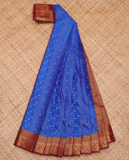 Blue Budget Silk Saree, Opulently Embellished with Zari Buttas and Stripes, a Contrast Traditional Zari Border, Intricate Pallu, and a Contrast Blouse