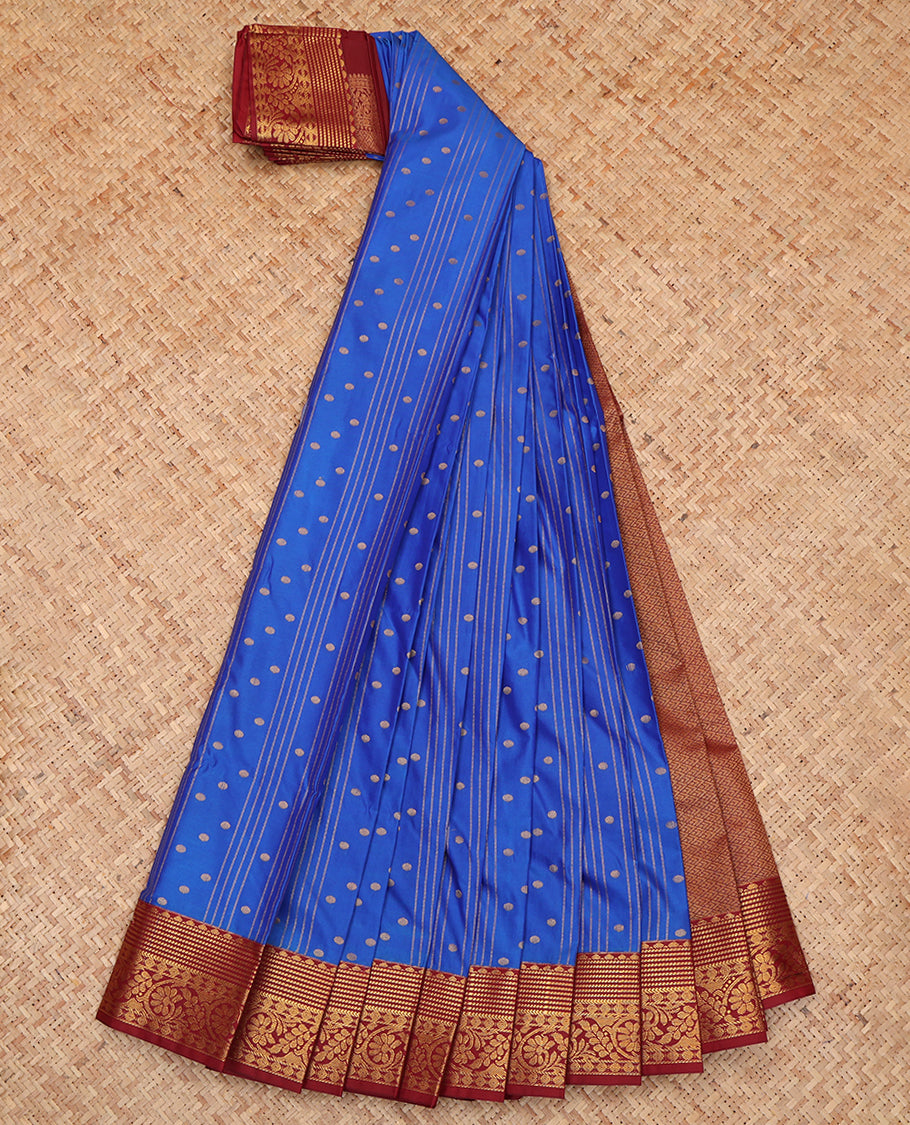 Blue Budget Silk Saree, Opulently Embellished with Zari Buttas and Stripes, a Contrast Traditional Zari Border, Intricate Pallu, and a Contrast Blouse