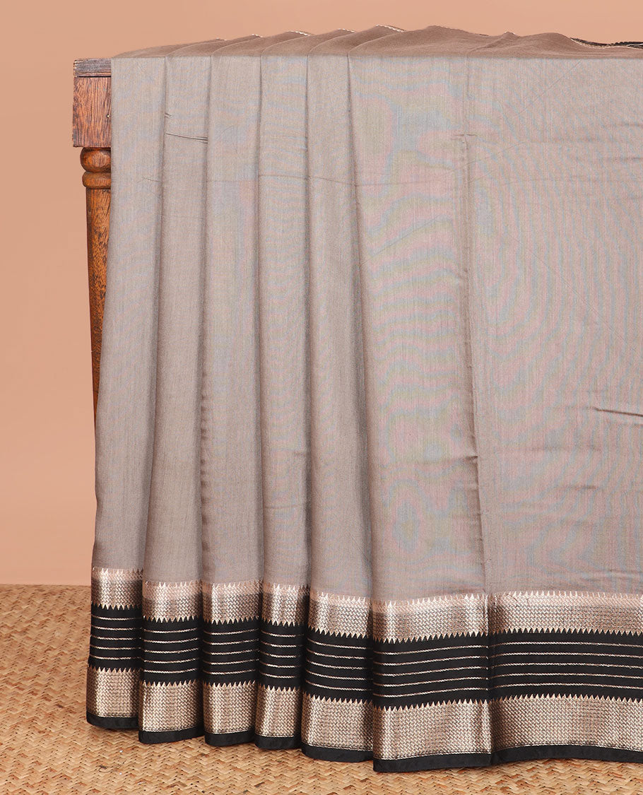 Grey plain assam silk saree, contrast traditional zari design border, and zari design pallu
