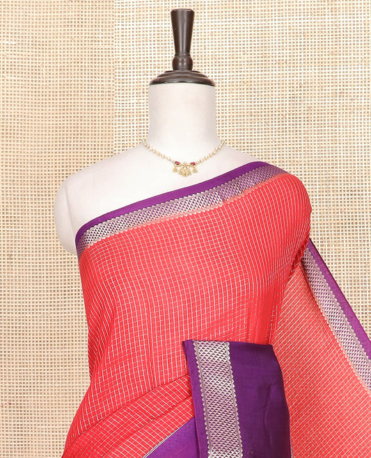 Red zari checked Assam silk saree, contrast traditional zari border, and pallu of zari stripes