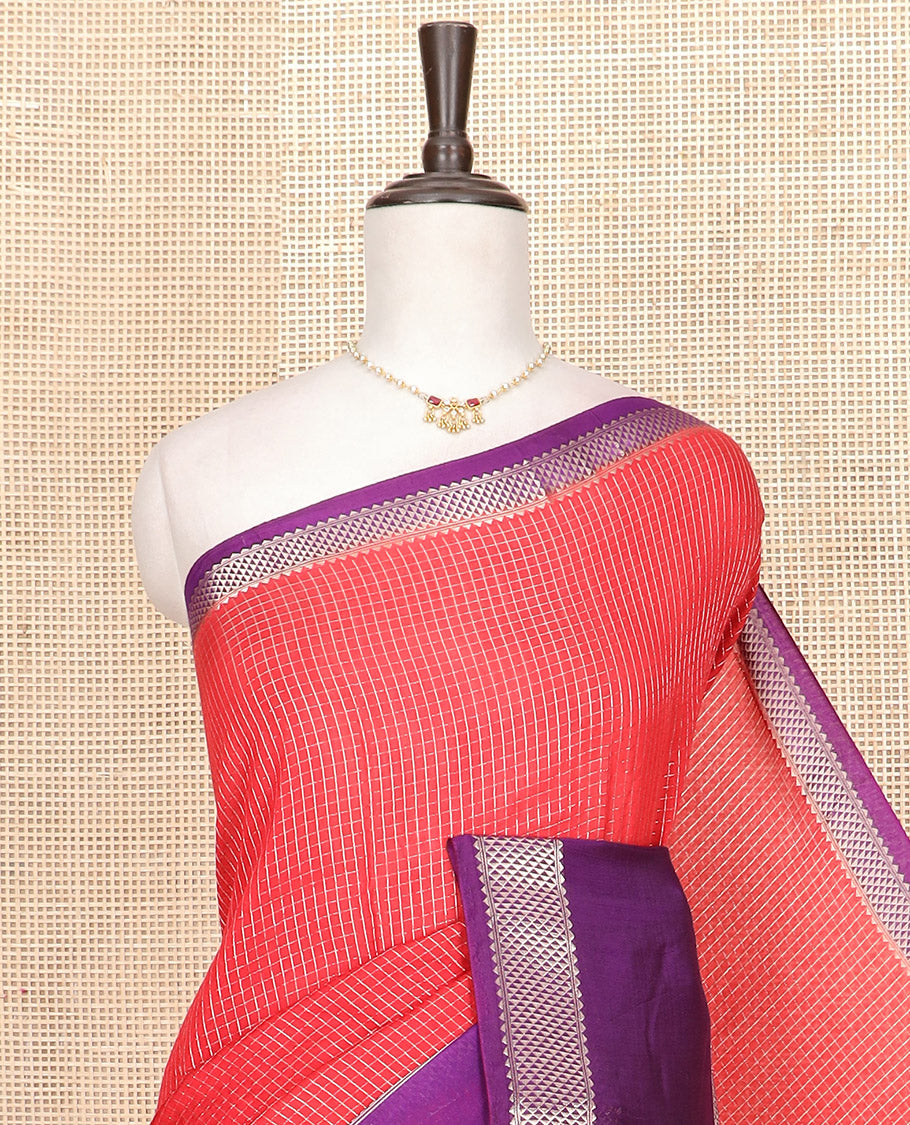 Red zari checked Assam silk saree, contrast traditional zari border, and pallu of zari stripes