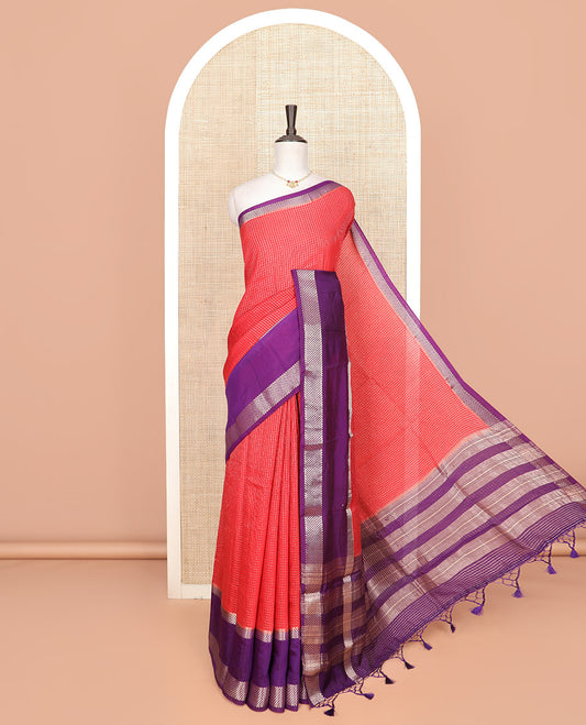 Red zari checked Assam silk saree, contrast traditional zari border, and pallu of zari stripes