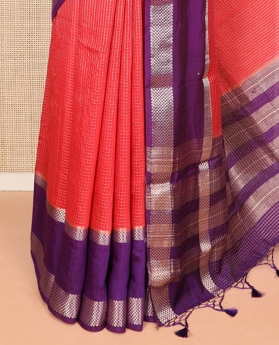 Red zari checked Assam silk saree, contrast traditional zari border, and pallu of zari stripes