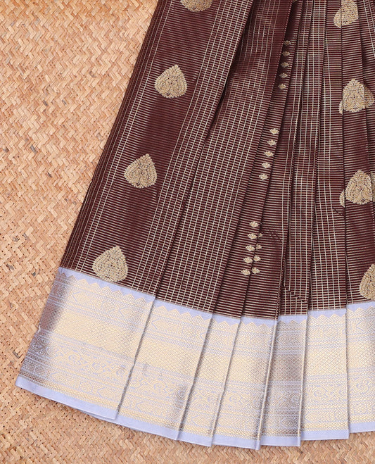 Brown Budget Silk Saree, Spotlighted with Zari Buttas and Zari Checks on Its Body, Complemented by a Contrast Traditional Zari Design Border, Grand Jaal Pallu, and Paired with a Contrast Blouse