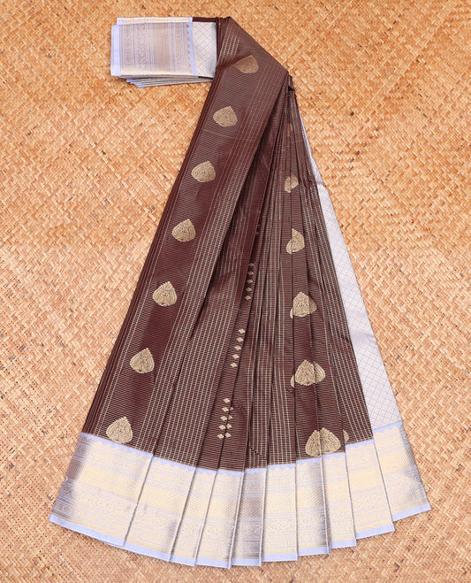 Brown Budget Silk Saree, Spotlighted with Zari Buttas and Zari Checks on Its Body, Complemented by a Contrast Traditional Zari Design Border, Grand Jaal Pallu, and Paired with a Contrast Blouse