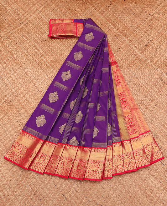 Violet Budget Silk Saree, Elevated with Zari Buttas, Complemented by a Contrast Traditional Zari Border, Grand Pallu, and a Contrast Blouse