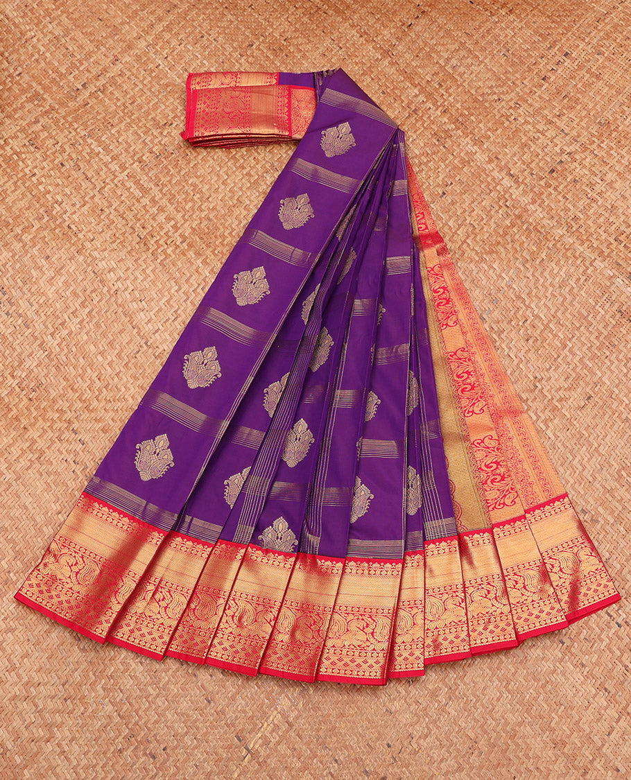 Violet Budget Silk Saree, Elevated with Zari Buttas, Complemented by a Contrast Traditional Zari Border, Grand Pallu, and a Contrast Blouse