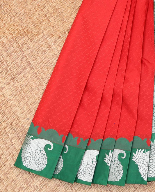 Red Embossed Budget Silk Saree, Complemented by Contrast Fruit Zari Border, a Grand Pallu and a Contrast Blouse