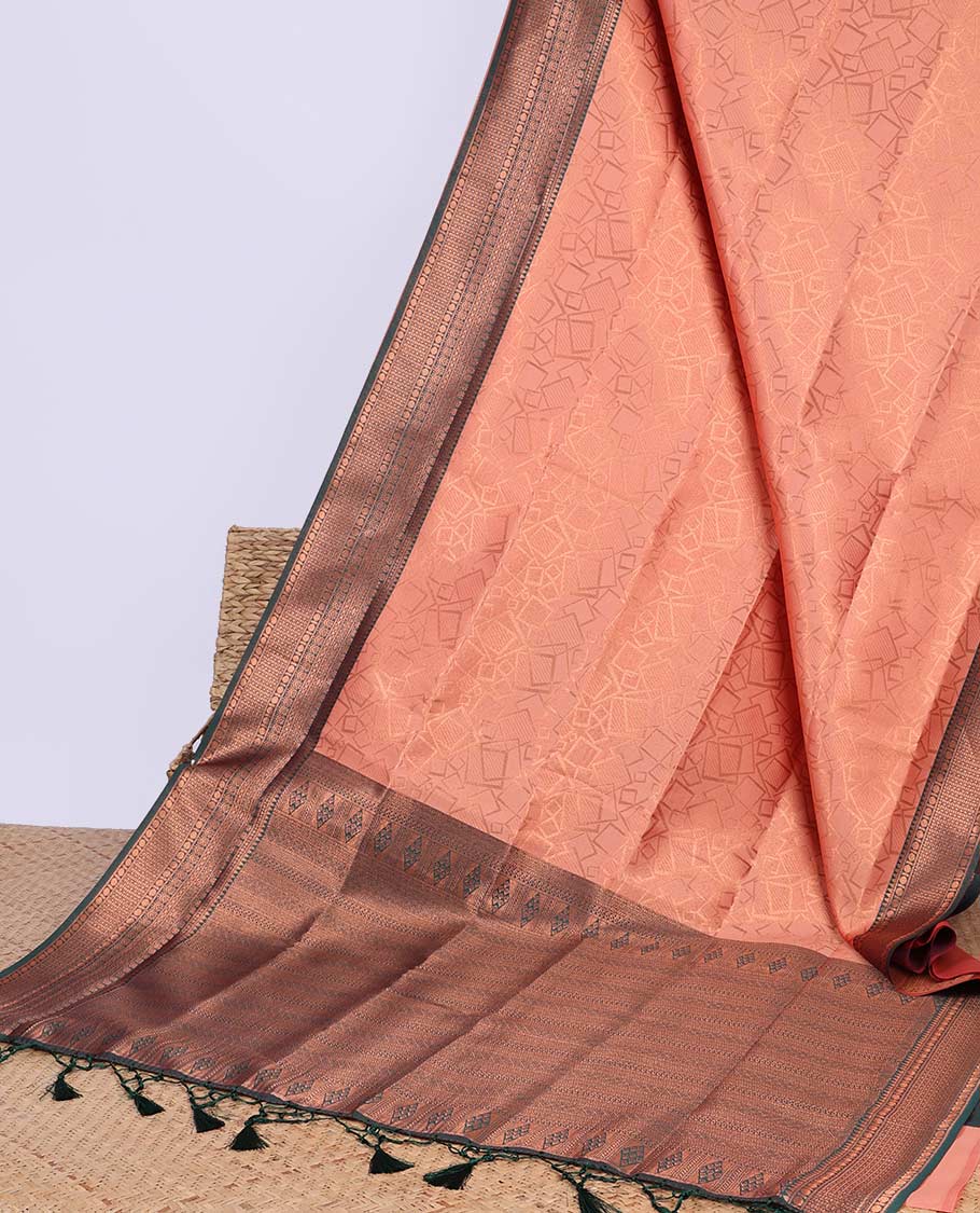 Peach geometric design butter silk saree with contrast zari border & intricate zari pallu