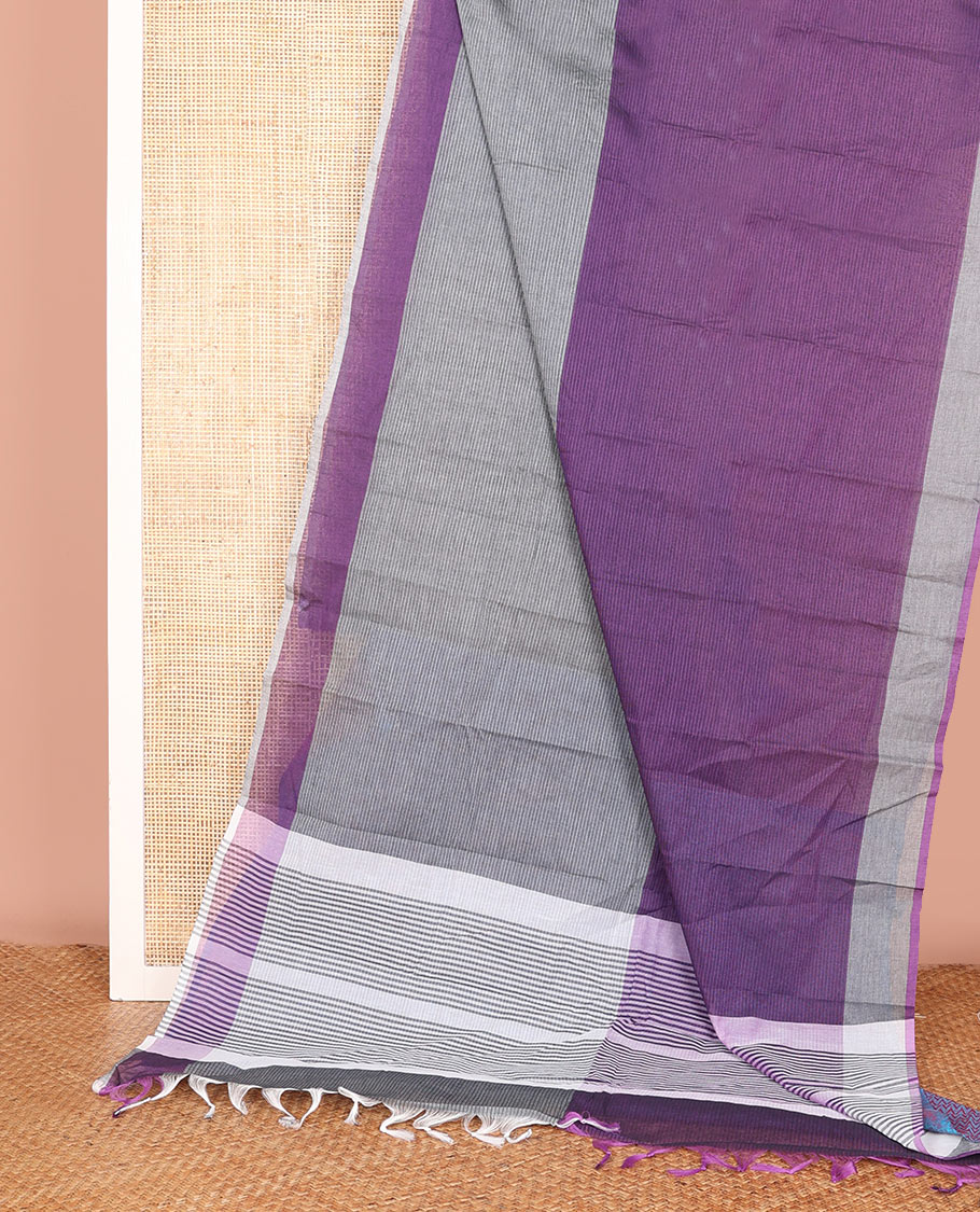 Grey and Purple Chettinad Cotton Saree with Sparsely Stripes on Its Body, Subtly Woven Self-Border, and a Pallu Steeped with Stripes