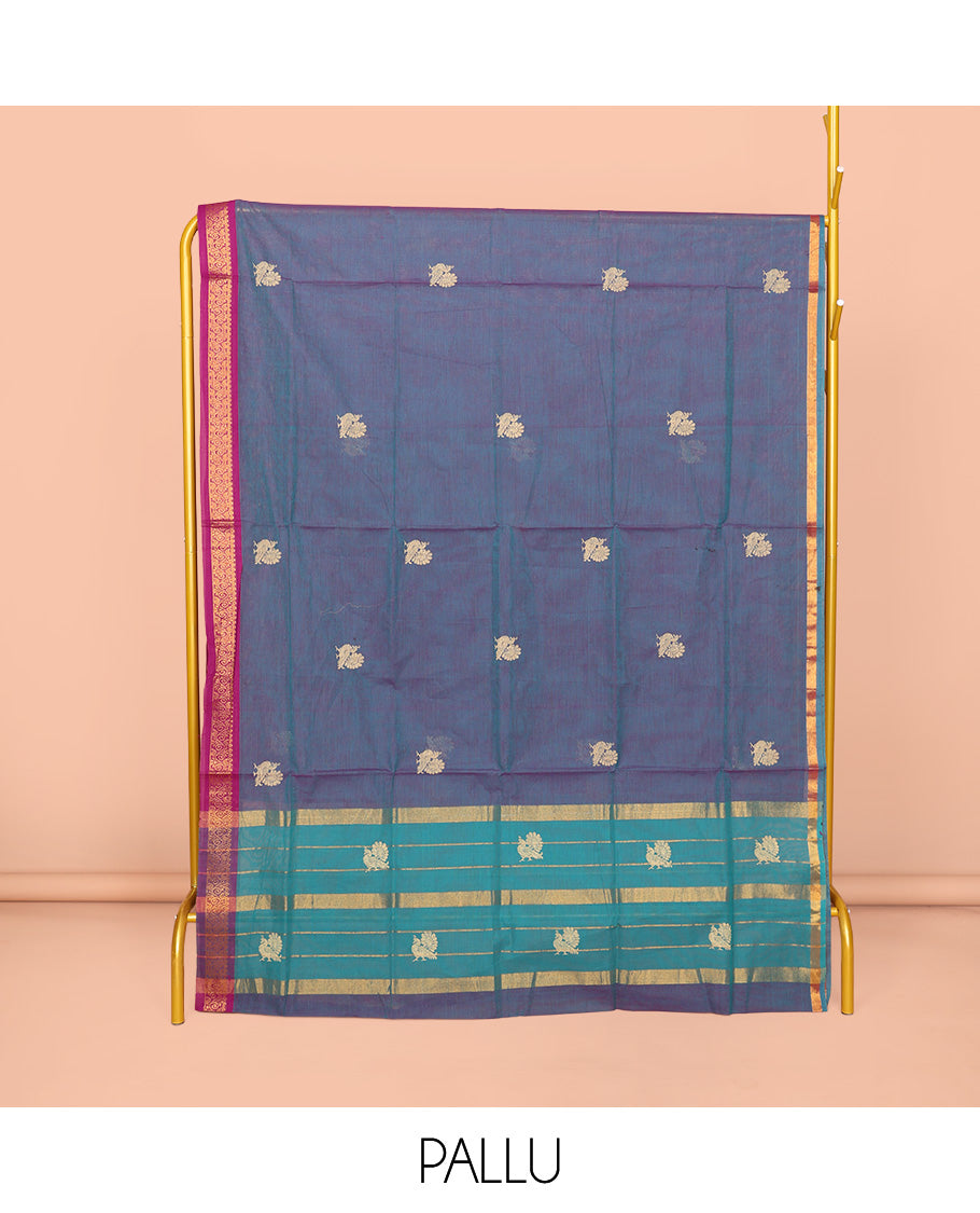 Grey Venkatagiri Cotton Saree, Enriched with Peacock Buttas, a Contrast Zari Border, Pallu of Buttas and Stripes, and No Blouse