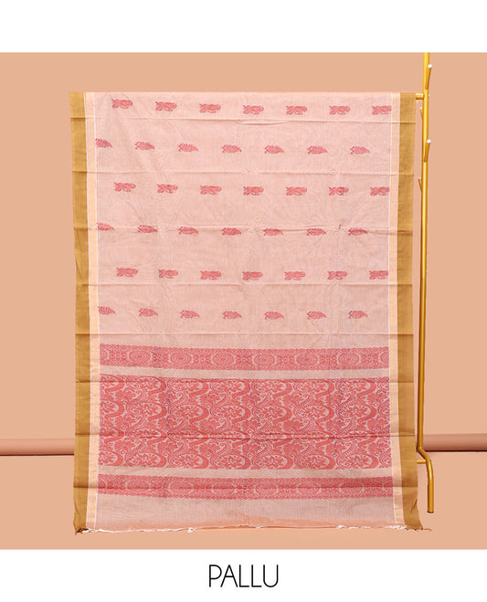 Sandal Kanchi Cotton Saree, Bedecked with Buttas, Complemented by a Contrast Border, Floral Pallu, and a Matching Blouse