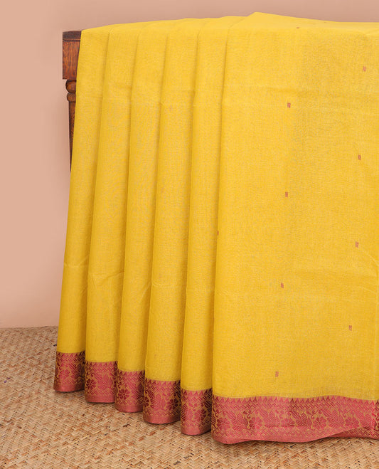 Yellow motifs bengal cotton saree with contrast floral zari design border & striped, motifs pallu