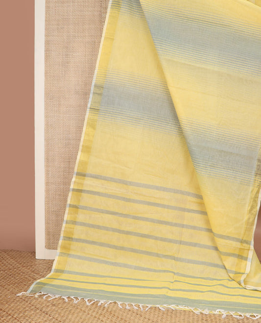 Yellow & grey-color striped jute cotton saree, zari border & pallu of stripes