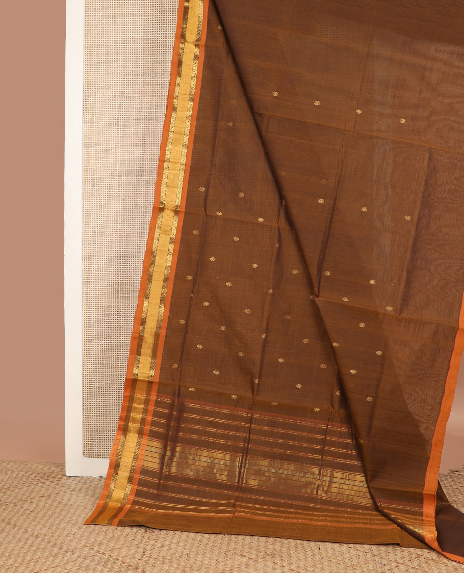 Honey color zari buttas Venkatagiri cotton saree, contrast traditional zari border & pallu of zari stripes