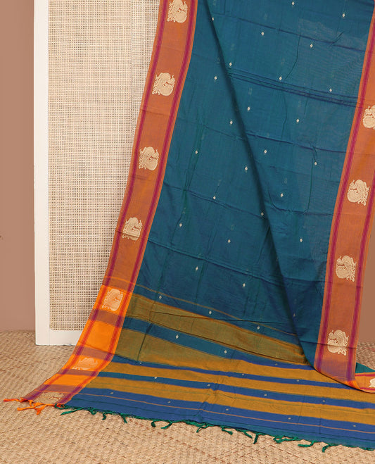 Blue buttas Narayanpet cotton saree, contrast peacock design border & striped pallu