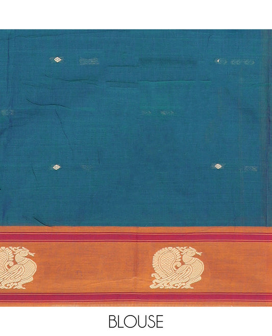 Blue buttas Narayanpet cotton saree, contrast peacock design border & striped pallu