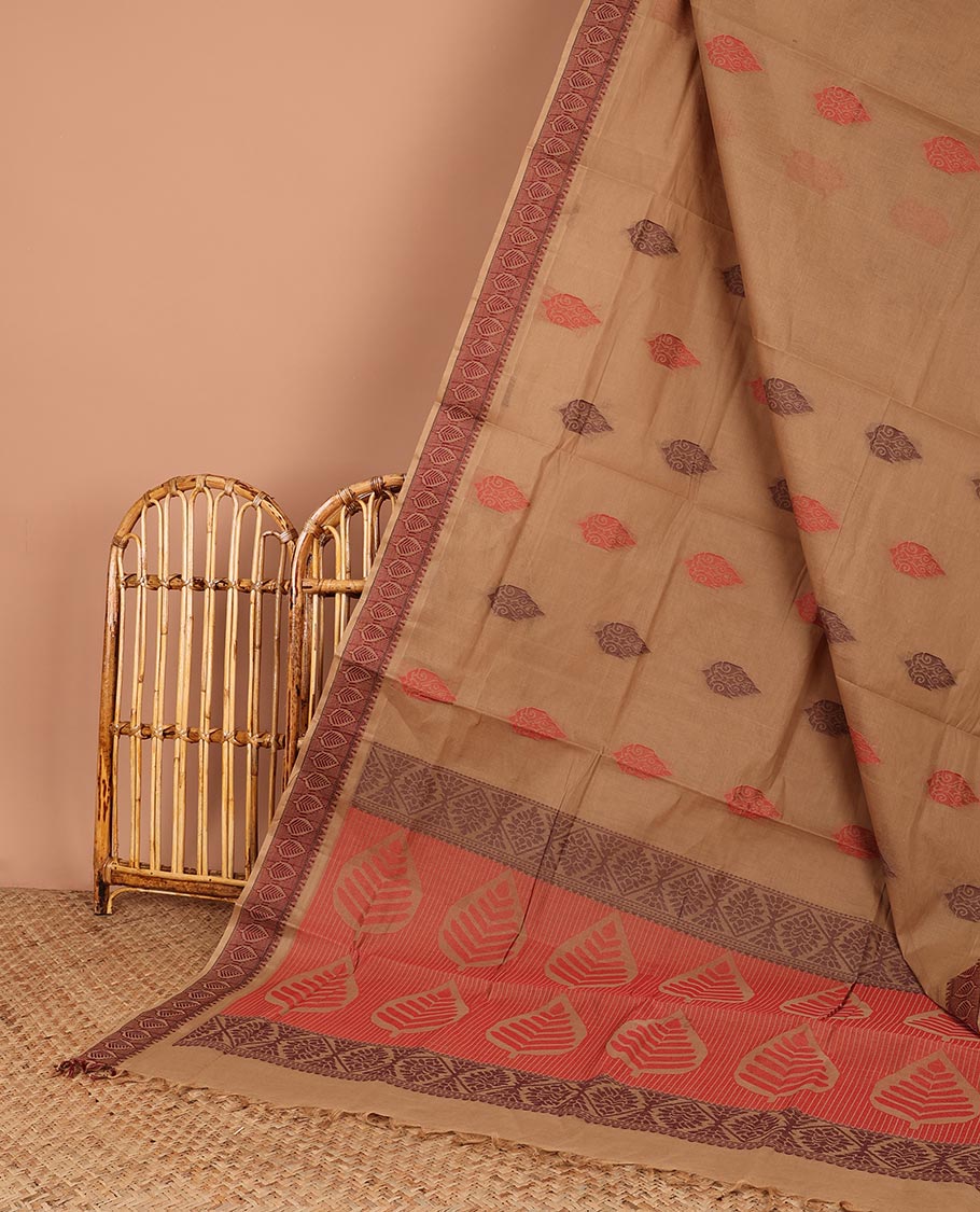 Dark sandal Coimbatore cotton saree with buttas, self-border & pallu of intricate designs