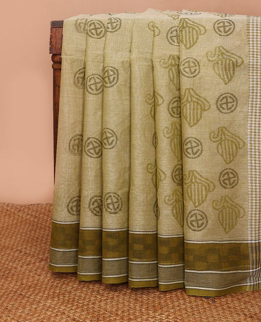 Green uniquely printed Bengal cotton saree, ikkat-style checked border & uniquely printed pallu