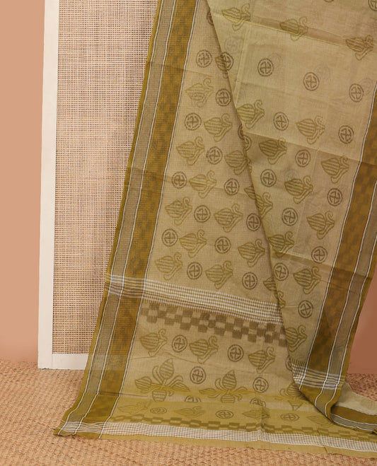 Green uniquely printed Bengal cotton saree, ikkat-style checked border & uniquely printed pallu