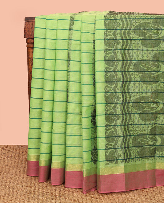 Green Kanchi Cotton Saree, Adorned with Stripes All Over Its Body, Complemented by Contrast Border, Pallu Depicts an Intricate Design, and Paired with a Matching Blouse